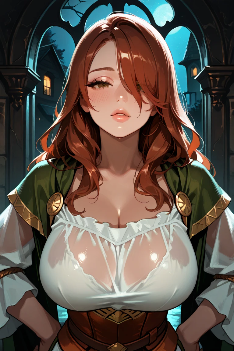 A large breasted redhead lying prone, noble lady, brown leather gloves, black hooded cloak, loose brown fantasy shirt, low neckline, beautiful full red lips, lush wavy hair, long torpedo shaped tits, fully naked, fixed background, matching background, matching perspective, matching lighting, matching anatomy, matching pose