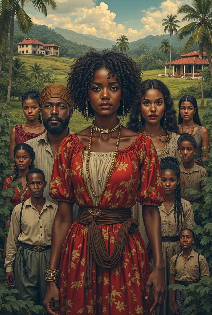 restored old photograph of an African-American family with a young African woman, long braided hair, darkskin, western film character, Sexy girl with brown eyes, 精致的面容, she is wearing a hat and is in a saloom, ultra realist, meticulously detailed, wearing period clothes with white lace. she is holding a winchester. The image is a photograph with grandfather, grandmother, Baba, mother and brothers