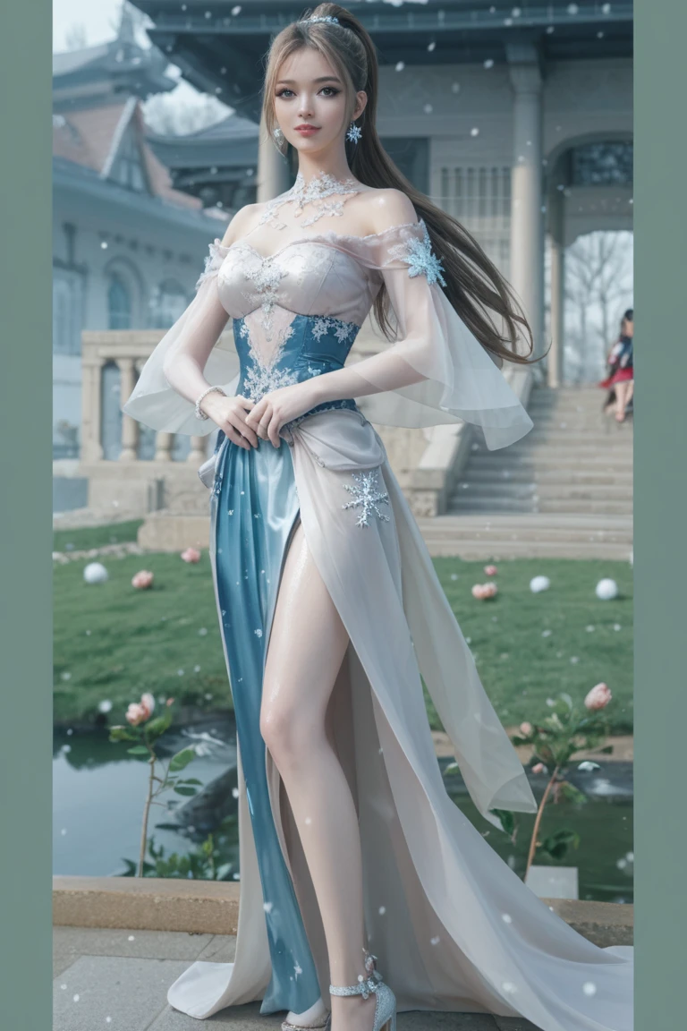 dragon_real, (extremely detailed CG 8k wallpaper, masterpiece, best quality, ultra detailed, beautiful detailed eyes: 1.2), best lighting, (best shadow, extremely delicate and beautiful bloom), the girl was surrounded by dragons, ( 1girl: 1.4), breasts, solo, full body, back tattoo, white dress, (dragon color: 1.4), bare leg, long dress, walking towards the camera:1.2, facing to the camera:1.2