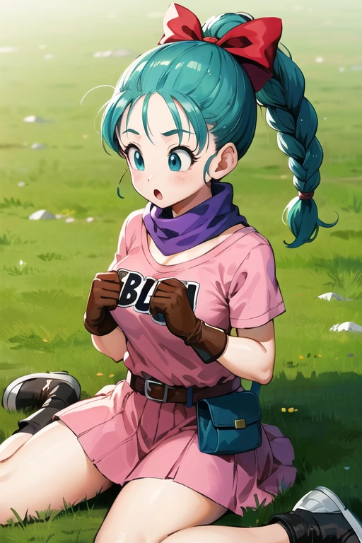 masterpiece, top-quality, hight resolution, dragon balls, blmpony, aqua hair, Hair Ribbon, braided ponytails, Pink shirt, a belt, scarf, Pink skirt, Writing on clothes, Brown gloves, medium chest, plein air, cowboy shot, nsfw,white panties
