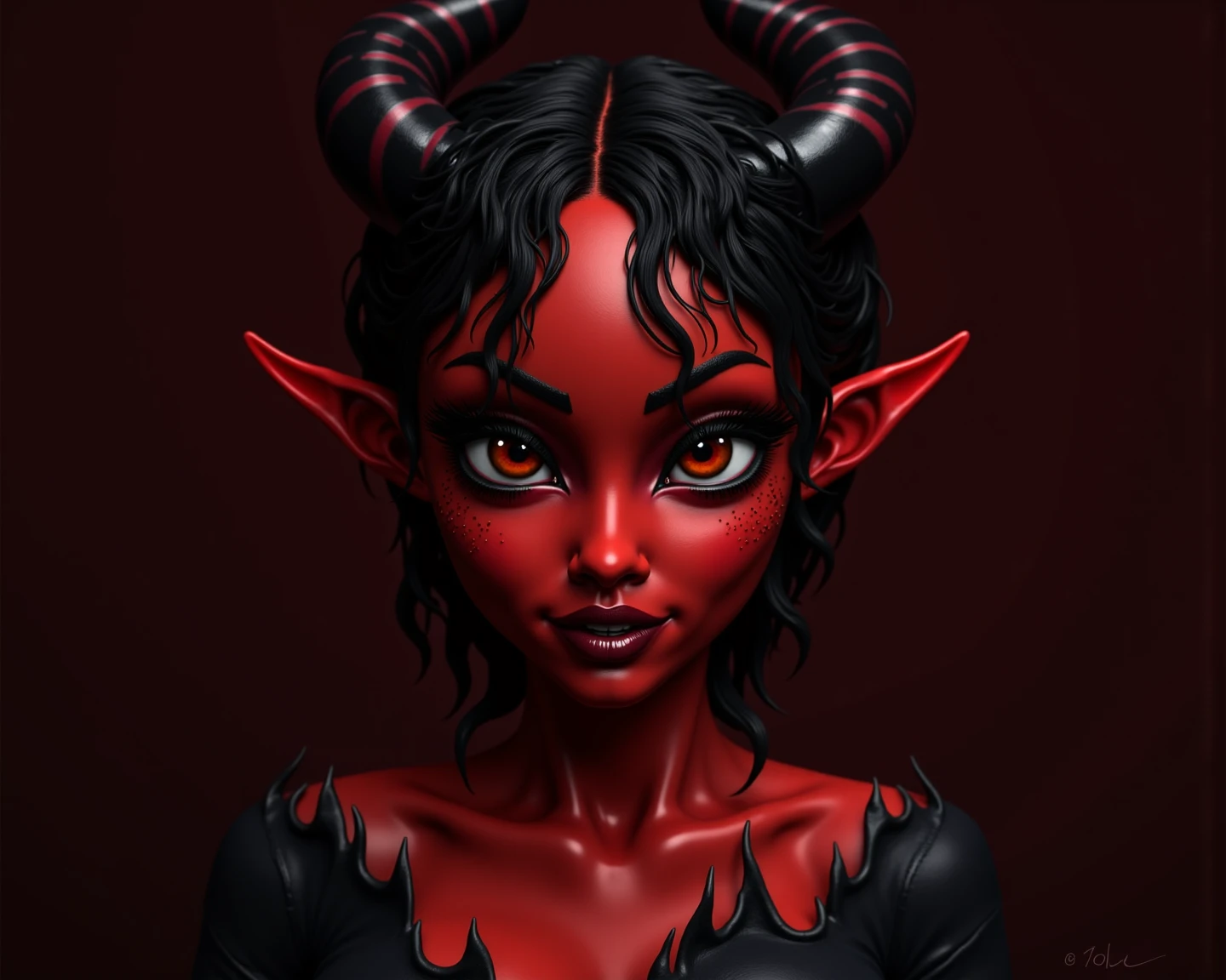 a she devil, beautiful detailed eyes, beautiful detailed lips, extremely detailed face, horns, demonic, sharp fangs, glowing red eyes, black hair, dark skin, dark red and black dress, dark background, sinister expression, dark fantasy, digital painting, realistic, 8k, high quality, intricate details, cinematic lighting, dramatic colors, chiaroscuro