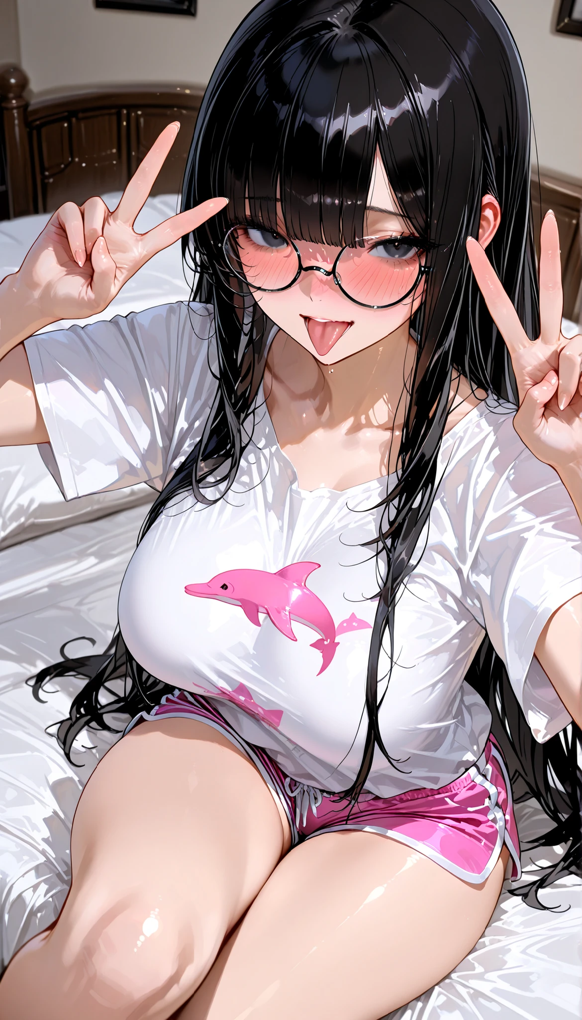 top quality, masterpiece, ultra-precise, ((top quality, masterpiece:1.3)), (sharp focus:1.2), (A beautiful, mature woman with a perfect body alone), (black eyes), (hime cut, long hairstyle, black hair), (LOOSE FIT SHORT SLEEVE T-SHIRT , Pink Dolphin Shorts with White Trim), Each line, (Above the bed in a stylish bedroom), full-face blush, large breasts, cowboy shot, language, (black round rimmed glasses), sexy, When eyes are half closed , Her gaze is on the viewer, open mouth, Shameful face, (is sitting on her knees.), tongue out, double v-sign.