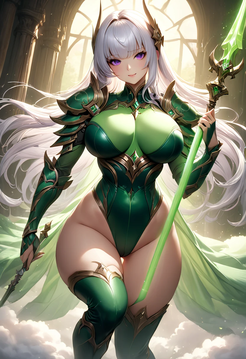 In intricately detailed perspectives, the slender woman named Aria is depicted. Her body boasts a waistline and an ample bust, accentuated by her voluminous, full breasts. Her arms are encased in a revealing, sensual armor that contracts at her fine waist, flaring out to accommodate her generously proportioned hips and broad derrière. Her agile form is frozen mid-leap, showcasing her impressive height and boundless energy. The background of the image is a lush, verdant forest, adding an element of organic contrast and beauty to the armored figure.