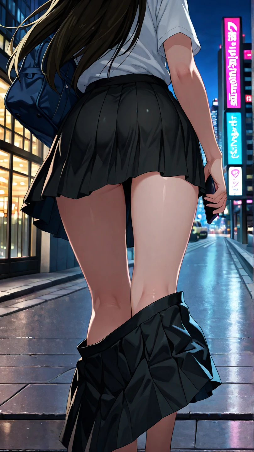 nobarakugisaki, nobara kugisaki, bob cut, (brown eyes:1.7), brown hair, lips, short hair, BREAK belt, brown belt,stockings,white crop top, crop top overhang,wet crop top,pantyhose, pleated skirt, shirt tucked in, skirt, blue skirt,skinny fit, BREAK looking at viewer,BREAK (masterpiece:1.2), best quality, high resolution, unity 8k wallpaper, (illustration:0.8), (beautiful detailed eyes:1.6), extremely detailed face, perfect lighting, extremely detailed CG, (perfect hands, perfect anatomy),street,night,cyberpunk,neon lights, wet road,from behind,nipples,upskirt,showing panties,small ass,thin legs,heels,full body.
