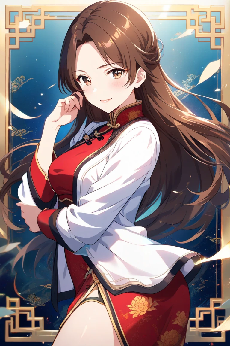 (flat color:1.1),(masterpiece:1.2), best quality, masterpiece, original,brown curled hair, (mature anime woman looking at the camera with a shy smile:1.2), wearing a sexy western bridal outfit, simple field bg