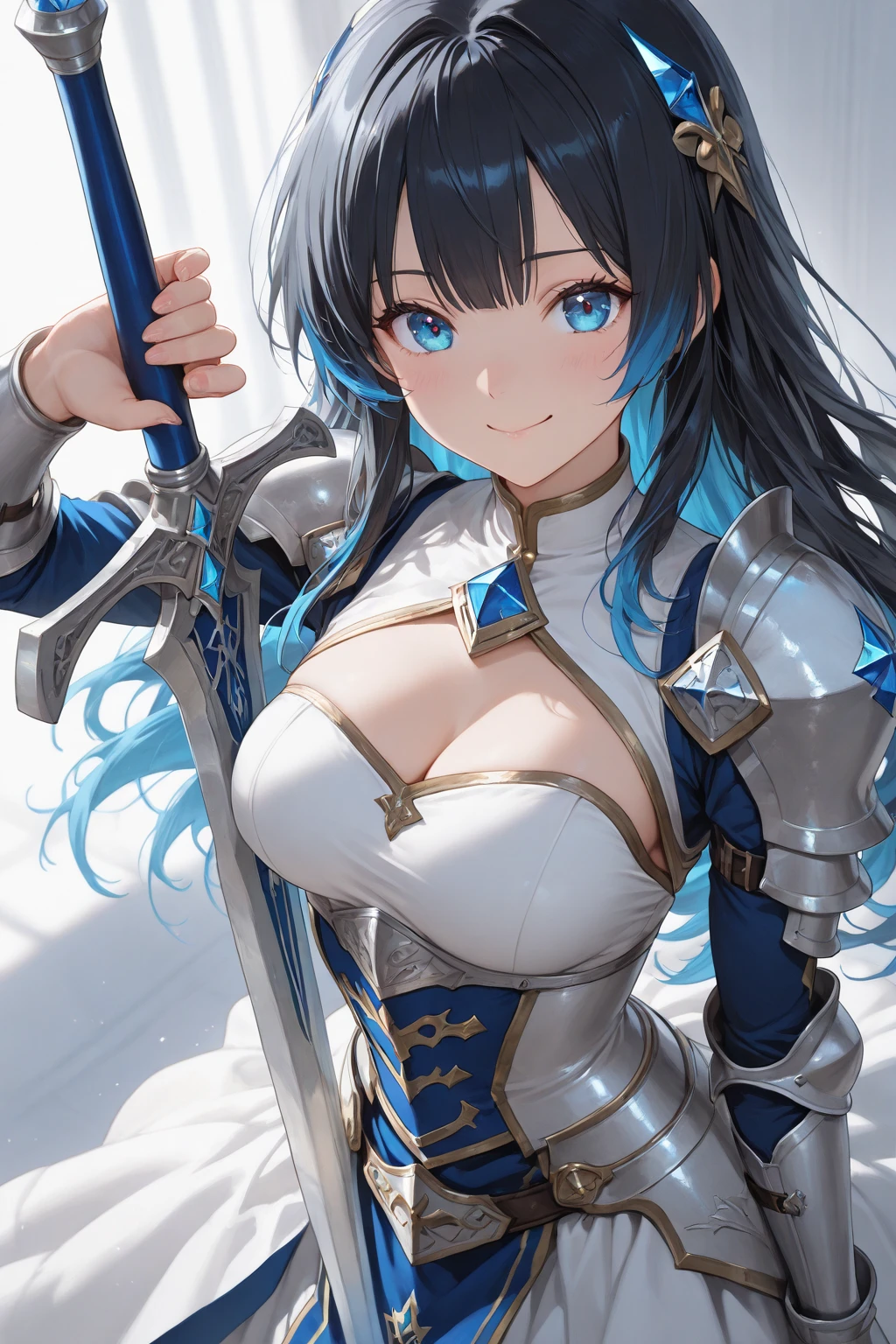 (best quality, In 4K, 8K, High resolution, muste piece:1.2),Super detailed, (Reality, photorealistic, photorealistic:1.37),30 year old woman,ripe woman,Mature woman,((Inside a castle),muste piece, Top quality, Ultra-fine,maximum resolution, Extremely detailed, ((Armor,white panties,dragon knights,thigh high socks,huge breasts,groin,bottomless,Feet raised high,helm,miniskirt)),thong,Cord,blue hair,Seductive thighs,standing,blade in hand,cowboy shot