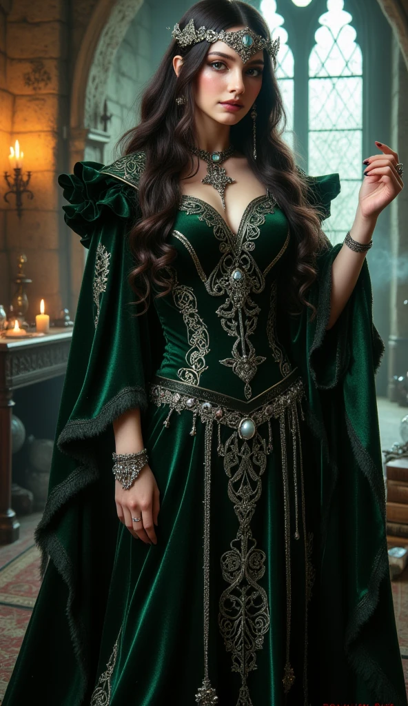 Arabic woman with very longest black hair, wearing green jacket and closed black shirt with veil, body full photo, biggest chest and huge body, red lips,blue eyes, high face quality ,round face ,Wide broad face