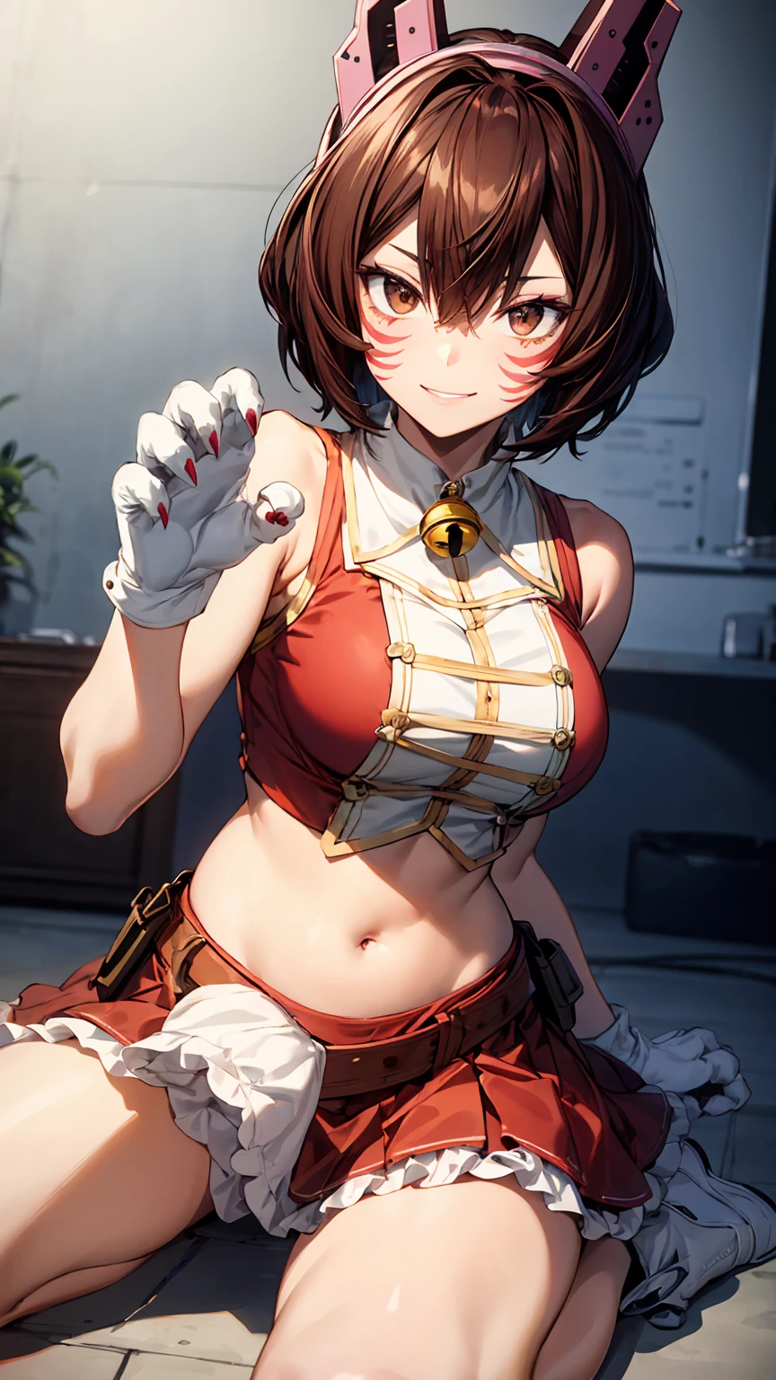 cinematic lighting, best quality, masterpiece, highres, detailed, perfect anatomy,himeko \(honkai: star rail\), cat ears, cat tail, paw gloves, paw pose, indoor, blushing, open mouth, wavy mouth
