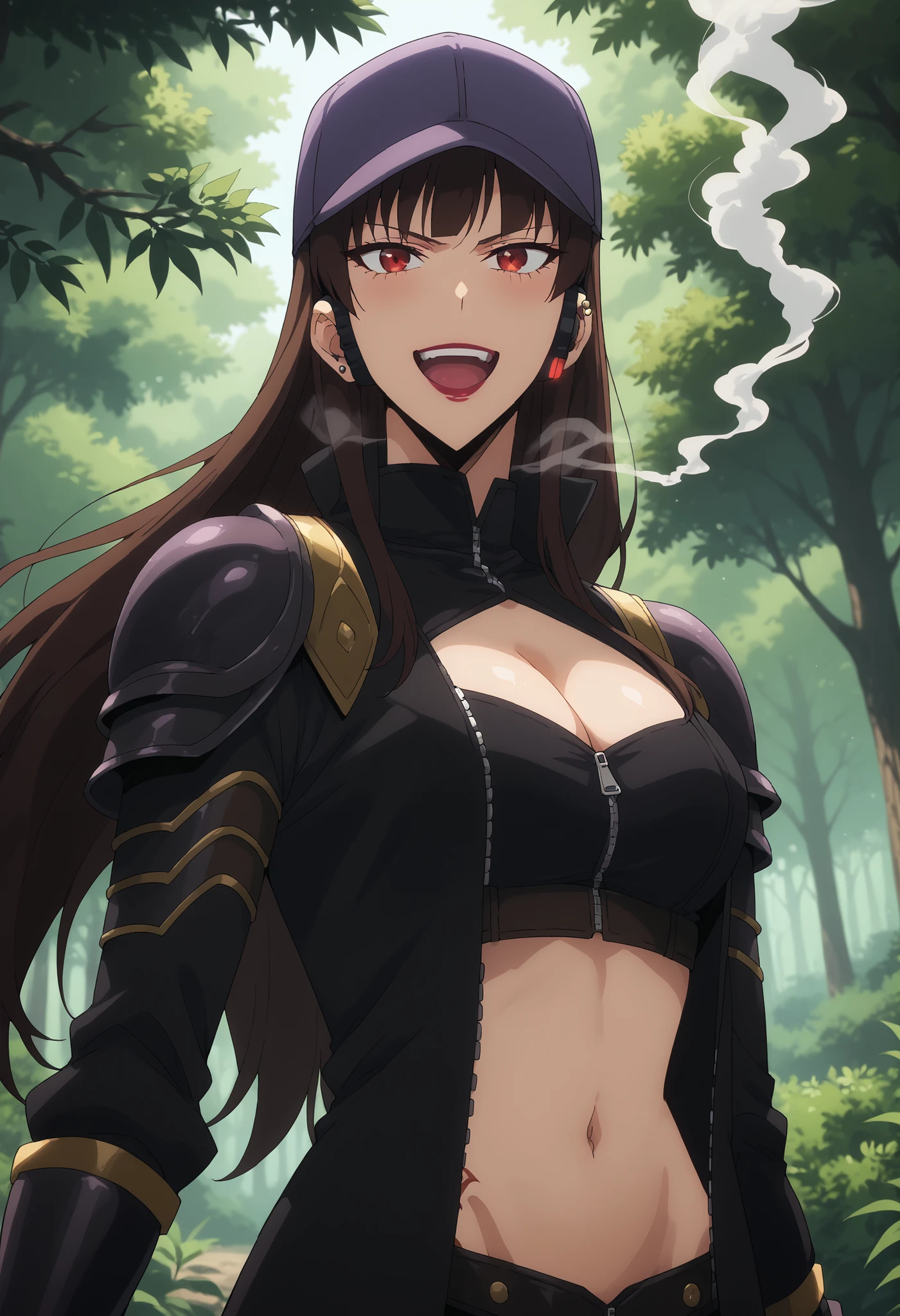 score_9,score_8_up,score_7_up,score_6_up, source_anime, girl, dynamic pose, long hair, brown hair, sidelocks, bangs, red eyes, purple cap, baseball cap, black coat, black armor, shoulder pads, cleavage cutout, headset, black gloves, forest, nature, light rays, ear piercing, long hair, blush, lipstick,Hot girl, baddie, smoking, sensual, attractive ,unzip zipper, navel cutout, exposed
navel, exposed bellybutton, smile, cleavage, open mouth, waist dragon tattoo, narrowed eyes, tattoo waist, anipai_style , anime screencap , anime coloring ,Solo Leveling Anime Style