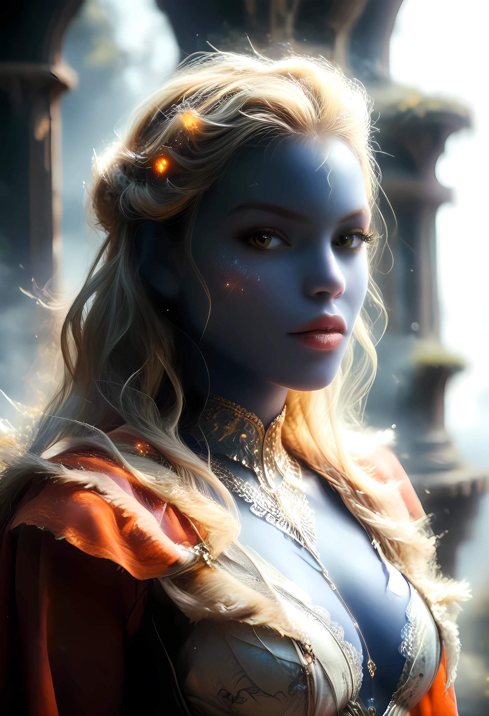  a picture of a female cleric ((dark blue skin)), full body, intense details facial details, exquisite beauty, cleric, ((dark blue skin)) female, ((yellow hair)), long hair, (((no ears))), (green eyes)), armed with a fiery sword red fire, wearing (twilight priestly combat vestments), wearing white armor, wearing high heeled laced boots, wearing white armor, wearing an (orange cloak:1.3), wearing glowing holy symbol, fantasy art, dnd art, RPG art, wide shot, (masterpiece: 1.4) intense details, highly detailed, photorealistic, best quality, highres, within fantasy temple background, reflection light, high details, best quality, 16k, [ultra detailed], masterpiece, best quality, (extremely detailed), close up, ultra wide shot, photorealistic, RAW, fantasy art, dnd art, fantasy art, realistic art,((best quality: 1.5)), ((masterpiece: 1.5)), (detailed), perfect face, strapless, lace up stilettos, fantasy, Fantasy background, dvr-hgh-fnt