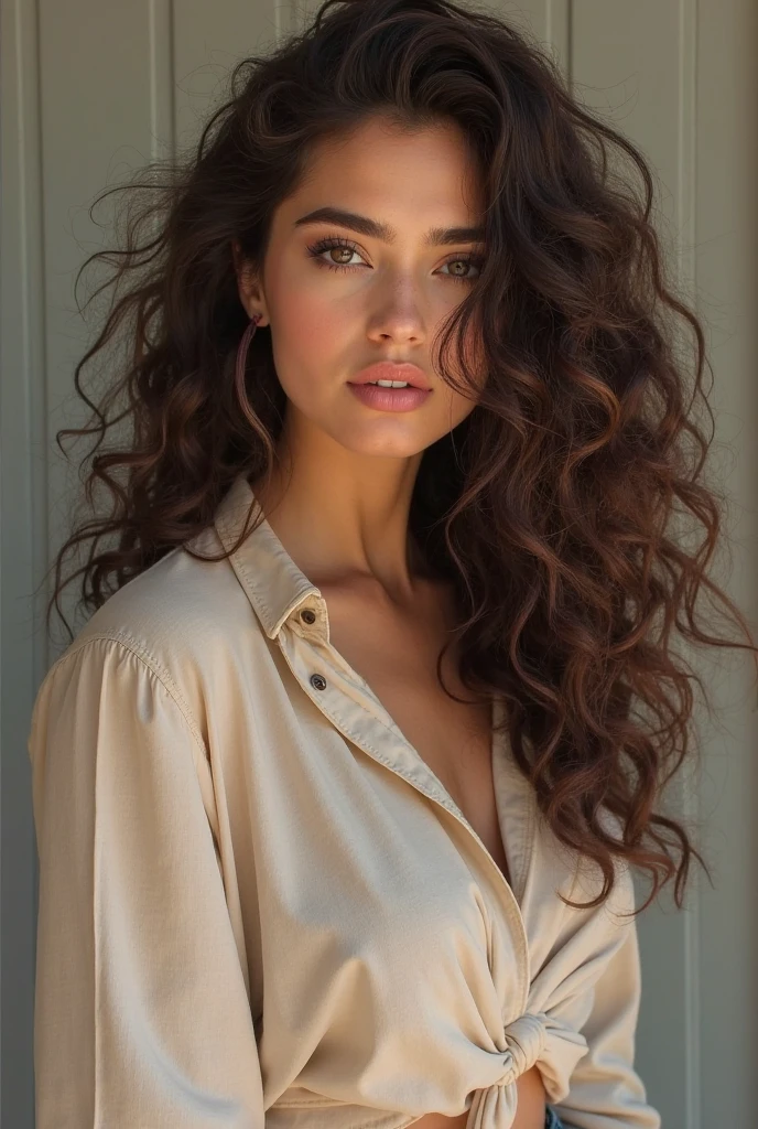 Woman with dark curly hair and very beautiful