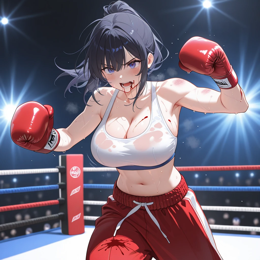 Very intense battle。Murderous intent。Boxing in the ring。Dynamic punch exchange。Two young and cute Japanese female heavyweight kickboxers in a daze。Rivals。Serious competition。can not lose。Sweating a lot。One eye closed, out of breath。Drooling。Short black hair。Boxing gloves。naked。Erect nipples。