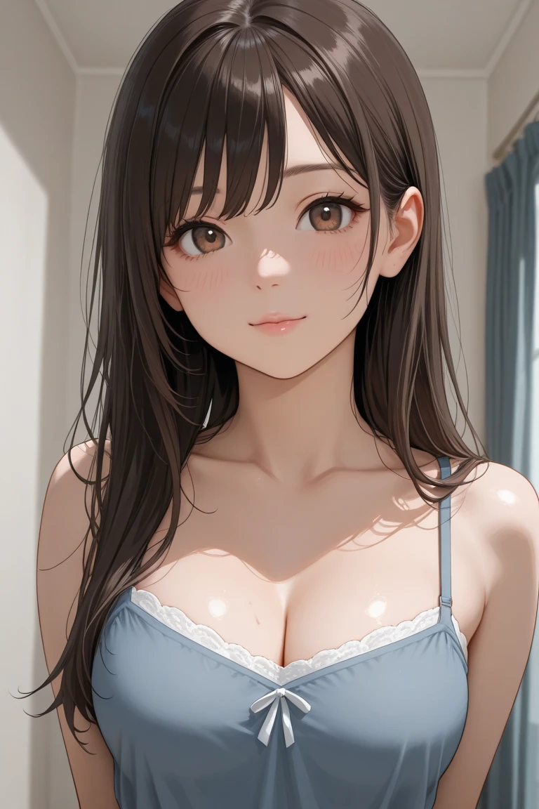 photorealism, highest quality, ultra high resolution, photograph, exquisitely beautiful photograph, extraordinary beauty, cheek gloss highlight, perfect body, Biologically accurate, cute and beautiful face details, beautiful bangs, shining white skin, bangs, between the eyes, beautiful glossy hair, smooth hair, thin hair, high resolution eyes, beautiful, bright and transparent, Big eyes that shine charmingly, eyeliner, double eyelid, focus on the whole body:1.5, 下からのphotograph, adult woman, 20 years ago, 1 person, Half-taken clothes, Undressing, (黄色のlace pantiesー), wavy hair, short shiny hair, (lace bra, soft big breasts:1.3), lace panties, firm chest, soft thighs, blue gray eyes, smile, 優しいsmile, fun, small earrings,
