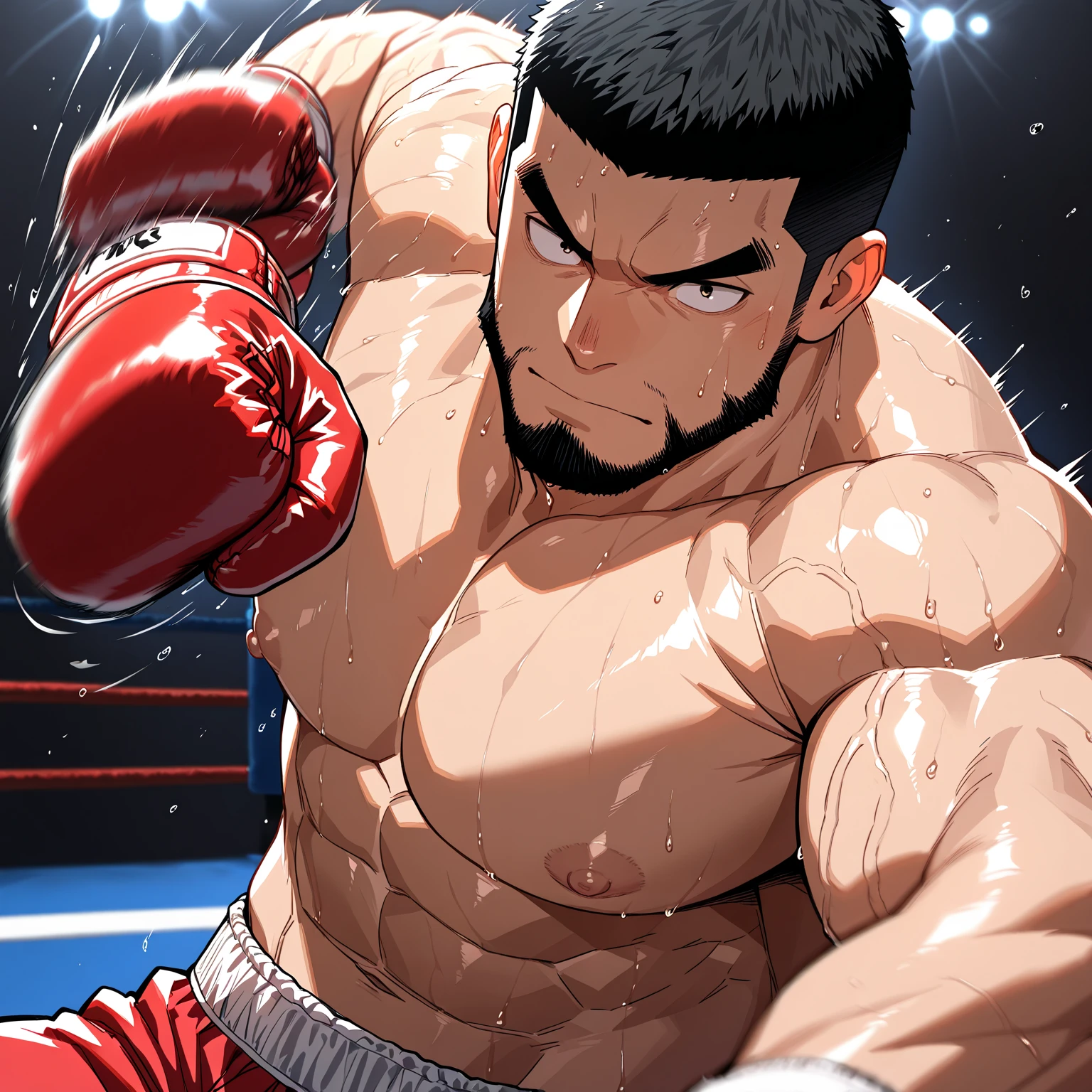 3D Photorealistic, Masterpiece realistic, hi-res, best high quality, perfect details, RAW Photo, intricate details, nice lighting, 4K, detailed background, In the championship boxing match, A determined muscular boxing champion 45-year-old man, perfect wrinkle wearing pure white boxing trunk and red boxing gloves, wide abs (wide abs:1.2), crowded audiences and nice lighting, nice face lighting, serving a boxing battleground, flickering glow adding to the atmosphere of raw energy, he is in deeply pain (pain:1.8) and his arms drop after taking a brutal uppercut to his precious abs (brutal uppercut:1.6) (defenseless:1.7), details of physic muscle, perfect body anatomy, perfect hand anatomy, hot beard, (look at viewer:1.6), (straight face:1.2), mouth open (mouth open:1.6), exhausted (exhausted:1.9), bruise (bruises:1.9), shirtless (shirtless:1.9), bodily fluid (bodily fluid:1.8), bloody body (bloody body:1.9), bruised body (bruised body:1.99), bruised abs (bruised abs:1.99), bloody abs (bloody abs:1.9), bloody nose (bloody nose:1.8), bloody mouth (bloody mouth:1.7), his precious ribs broken ribs (broken:1.9).