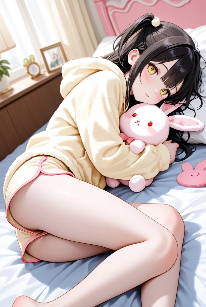 naughty man, shy, grabbing a stuffed animal, downward gaze, semen on face, rabbit clothes, messy black hair, whole body, legs spread open, ass dripping semen, sentada de legs spread open, erect and medium dick