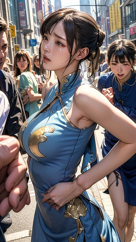 (molesting:1.8)A Japanese Lady、Collar chained、very Bigger breasts、(grabbing on breasts、grab the ass、multiple men around her grabbing her breasts、Multiple men around her grab her legs、Multiple hands:1.8)、molesting、So many men around her、Man grabbing her arm、breasts squeezed、 molesting、A crowd of crazy men grabs your butt、men all around her、Squeeze the body、many people grabbing breasts、getting beat up、(A man pulls clothes、Man grabs clothes、No women in the crowd:2.4)、men holding neck、((top-quality、8K、masterpiece:1.3))、((1girl in、A Japanese Lady、Wet、Chained、Purple hair、qipao dress、Rough breath、Invite sexual expressions、Frightened look、full body Esbian、hyperdetailed face、Closed eyes、二重まぶた、Slim Faces、Cute、extremely delicate and beautiful、Overall、ultra-detailliert、4K、masutepiece、small mouth、Girl with a puzzled face、legs are raised、Raising legs、Chained:1.8))、Crucifixion、Punishment、Punishment