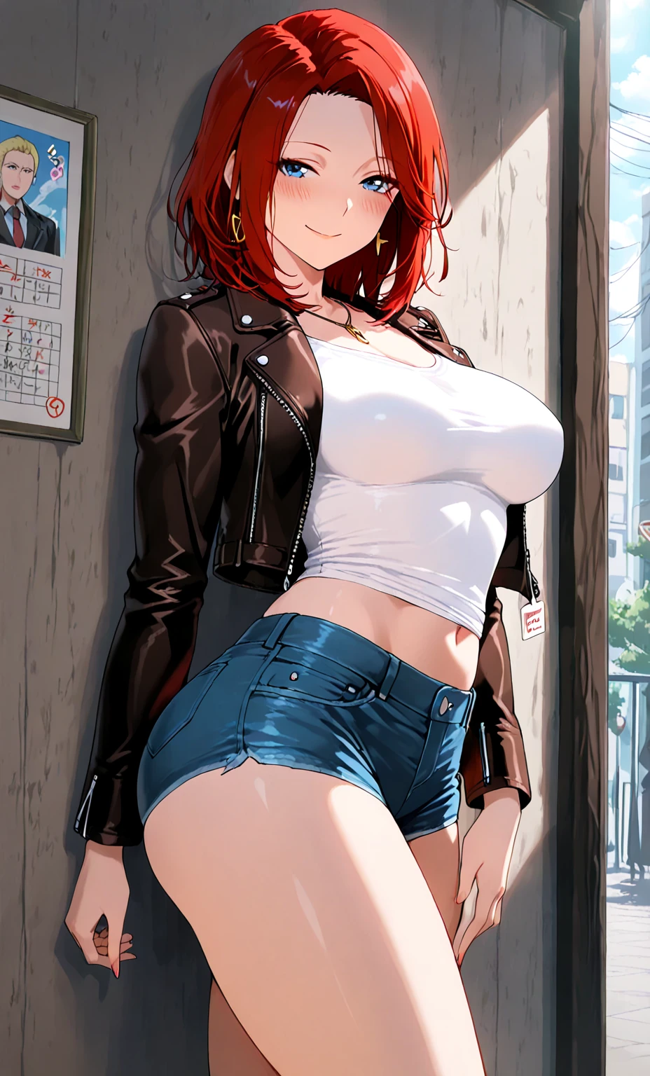 NSFW, young girl, long turquoise hair, punk haircut, turquoise eyes, Scars, punk make-up, open long leather jacket, Burns, naked top, open micro shorts, (pubic hair), pussy, madness, cowboy shot, smirk, Masterpiece, highly quality