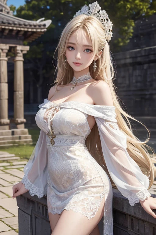 Female teacher standing in the classroom v6, necklace, earrings, full body v6, long white hair, translucent clothes, visible, superb, ultra-high-definition, RAW photo, realism: 1.25), (bright lip gloss, long eyelashes, smooth face, light skin, natural shadows, wide light, wide light, depth of field, strong colors, subtle caustics: 0.8), smile, (big tits), v6