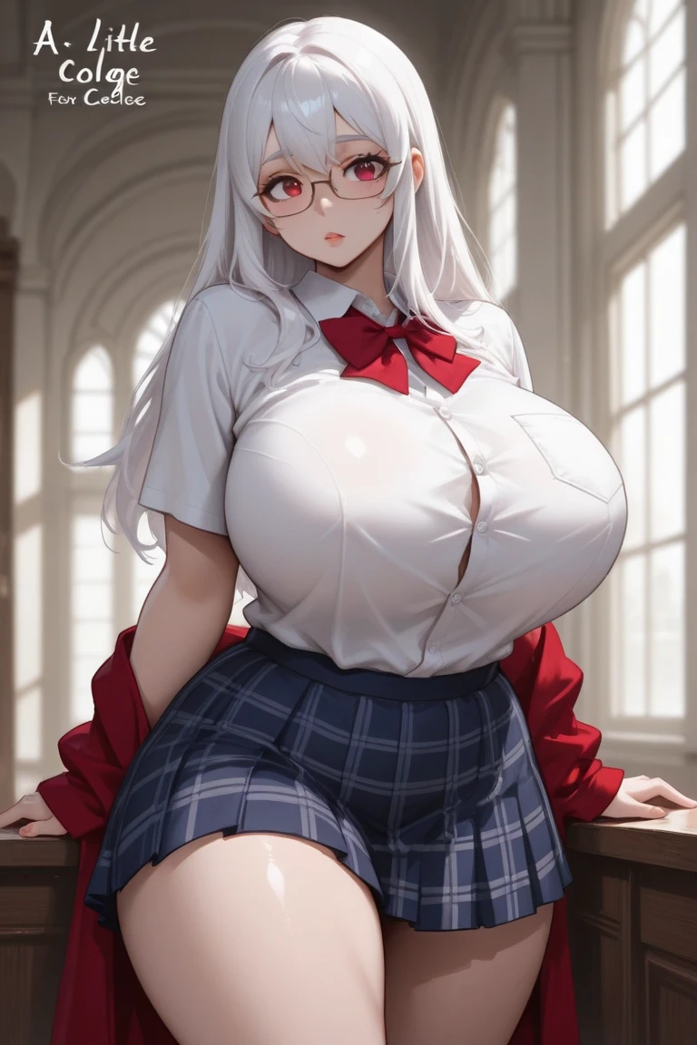 ((masterpiece)), (best quality:1.7), (detailed:1.4), (high res:1.4), 8k, (colorful:1.5), high resolution, sharped image, 4k, hd, (beautiful detailed background:1.2), (beautiful lighting:1.2), (highly detailed:1.2), perfect lighting, (8k wallpaper:1.2), (highly detailed:1.2), (extremely detailed CG:1.2), (((only white gray very long straight hair with two braid front bangs with red ribbon ties))), (only white hair), ((large full chest)), (((very busty))), curvy figure, (((light green eyes))), (white sundress with light green accents)), ((big round glasses)), flower field, mature, older, human adult, tall, fullbody