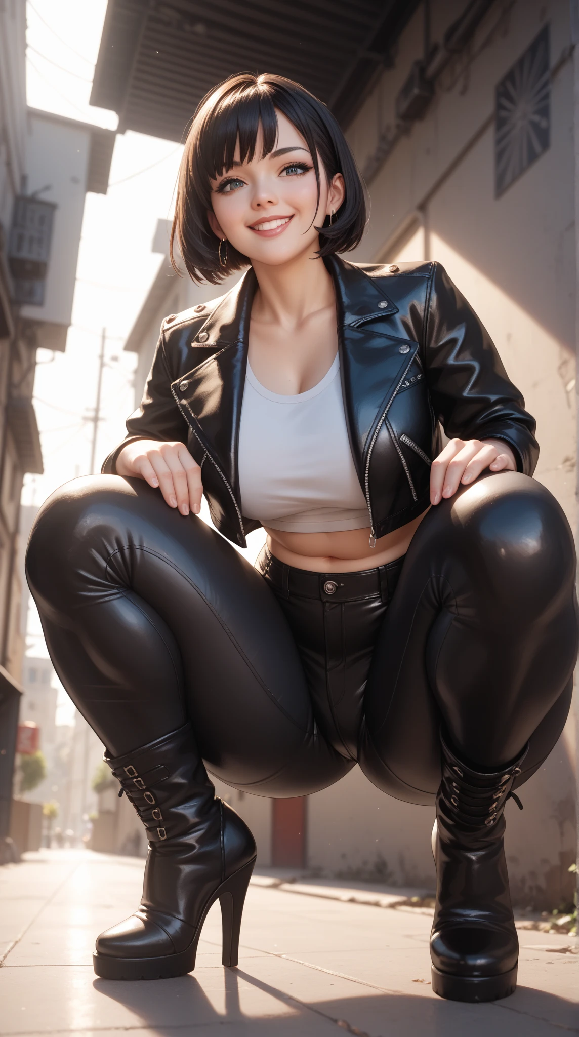 anime, best quality, high quality, highres, beautiful women, high detail, good lighting, lewd, hentai, (((bike shorts))), (leather halter top), (bare midriff), (cameltoe), (((leather thigh high heel boots))), (bare thighs), (wet shorts), (((wetting herself))), (((peeing herself))), (((peeing self))), (pee streaming down legs), peeing stain, (puddle), (thick thighs), nice long legs, lipstick, pretty face, ((in city park together with group of many beautiful lesbian women holding each other))