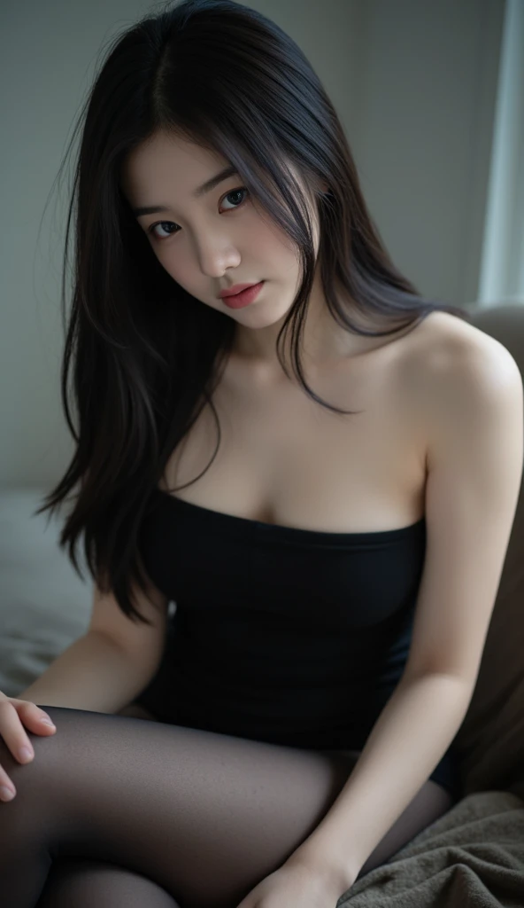 (full body shot:1) photorealistic image of a woman, ultrarealistic, photography, straight long black hair, asian woman, beautiful cute sexy asian 20 years old woman, hourglass figure, perfect body, Flirty look, natural big breasts, long eyelashes, cat eye make-up, double eyelids, sexy pose, erotic pose, seductive pose, big breasts,  big tits,  wearing peach dress