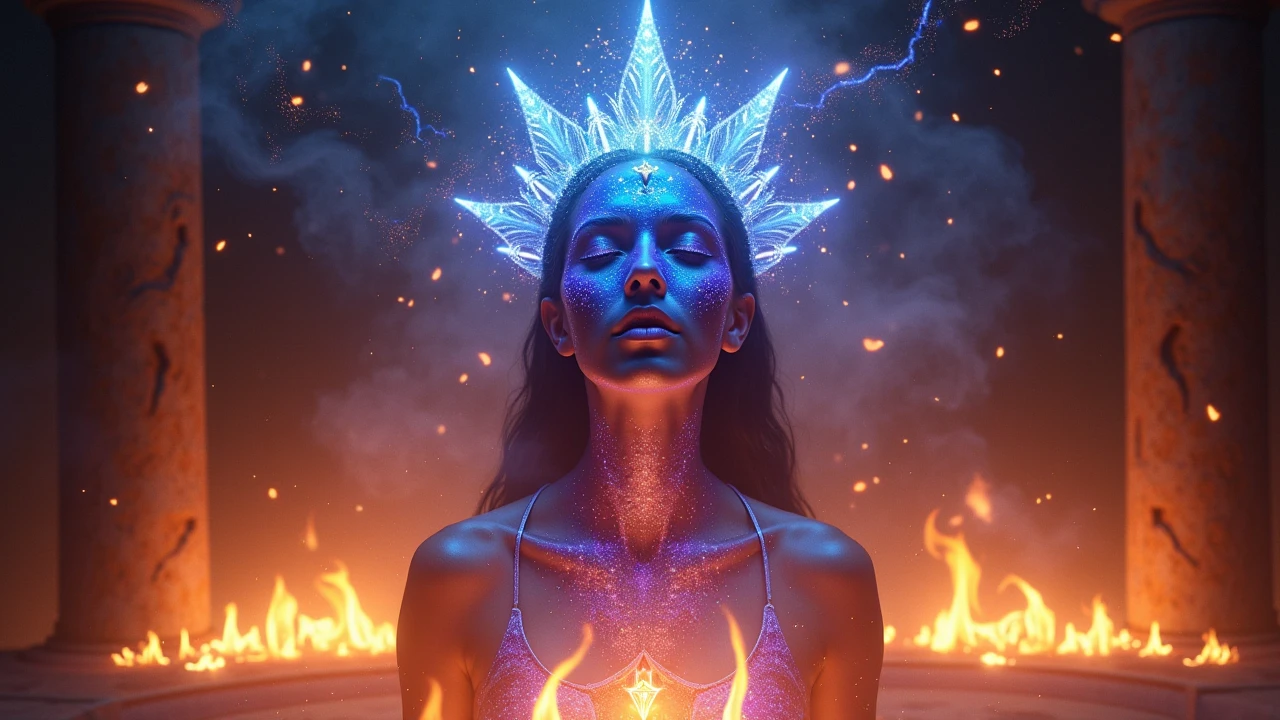 Black skin with glowing white eyes and the left hand is glow with fire with background AZRACRAFT 
