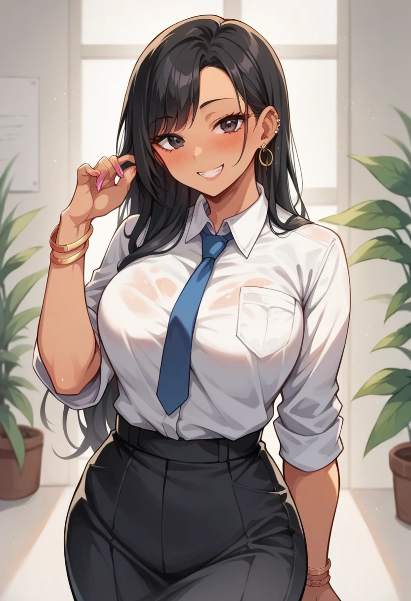 Amazing portrait of a sexy teacher in an empty classroom with a beautiful detailed face emphasised by some amazing makeup wearing a shirt that emphasizes her medium chest, and jeans showcasing her thick thighs with a lustful expression