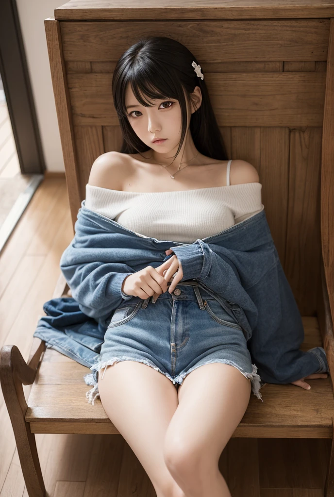 An ultra-high picture quality、Perfect Photo、 beautiful girl、Japan beautiful girl、middle school girl、light skinned、slender、Black Haired Beautiful Girl、cute little、（tiny chest）、Lying on his back on the bed、Denim Mini Skirt、Raised mini skirt、（big eye）、With bangs、（astonished face）、sports hair、Straight hair、（teats）、girl's own room、thighs thighs thighs thighs、（White panties aree）、（I can see a little bit of underwear）