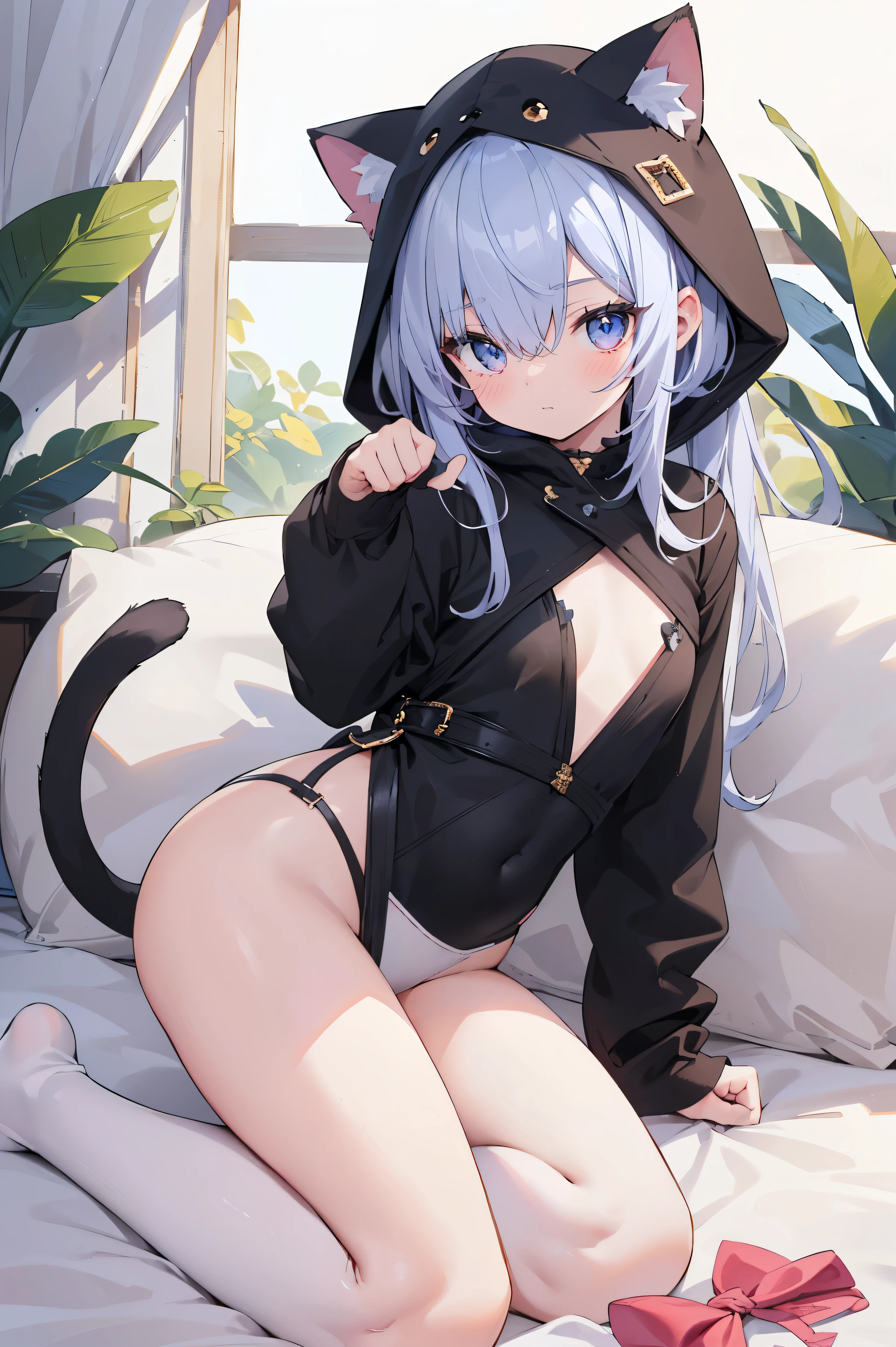 ,Highest quality,Silver Hair,Lion tail,Lion ears,Purple Eyes,Very short hair,Straight Hair,Flat breasts,Slanted Eyes,Ninja,Bedroom,On the bed,slender,