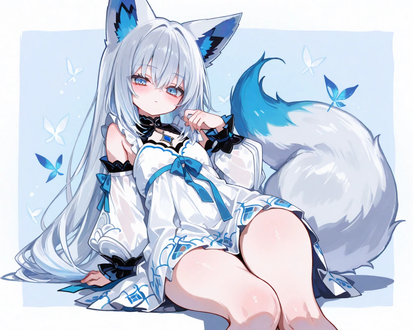 A woman wearing a blue dress, long pastel blue hair, kitsune ears, kitsune tail, multi tail, sleepy face, blue eyes, on a mountain at night with a half moon, ultra quality, high resolution, masterpiece, very detailed, 4k hd.