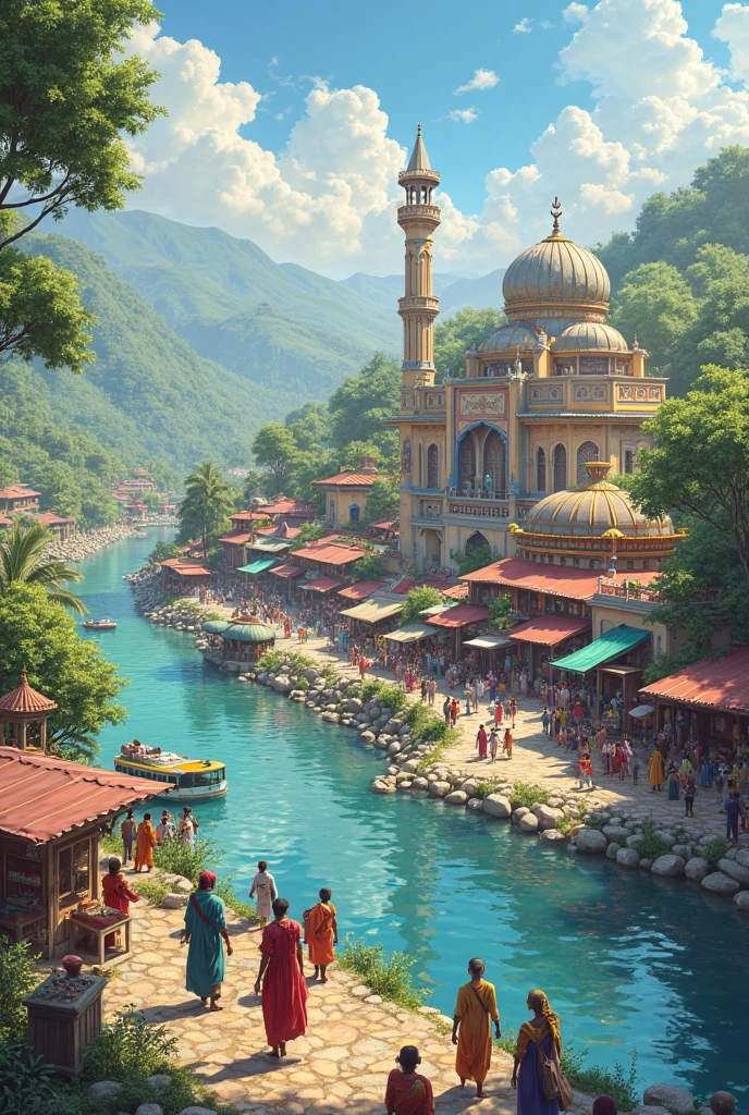 A village market in Bangladesh, Market Name Prothapnath Bazar, Location in the bank of river, some boats always in river, some trees in market, A small mosque,