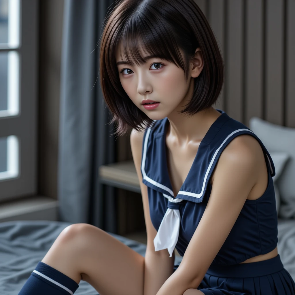 (masterpiece:1.2), Very detailed, Ultra-high resolution, (Realistic, photo Realistic:1.6), High-resolution RAW color photos, Professional photos, Sharp focus:1.2, (Very detailed顔と肌の質感, Very beautiful eyes, Glossのある肌, Glowing Skin, Glowing Skin, Shining Face, Gloss, Oily skin, greasy face, Oily skin, greasy face,),, (real Glossのある肌 texture), Perfect Anatomy, Very detailed背景,(Bed at night),1 female,25-year-old woman, Japanese women,Height: 168cm,(short hair, Straight hair, bangs, Brown Hair),((Flat Chest:1.6)),(Slender legs), ((((White short-sleeved sailor suit、Navy blue pleated skirt:1.5、Perfectly detailed sexy thong panties under skirt))),(Sit on your desk with your knees upright:1.4),Invite to sex