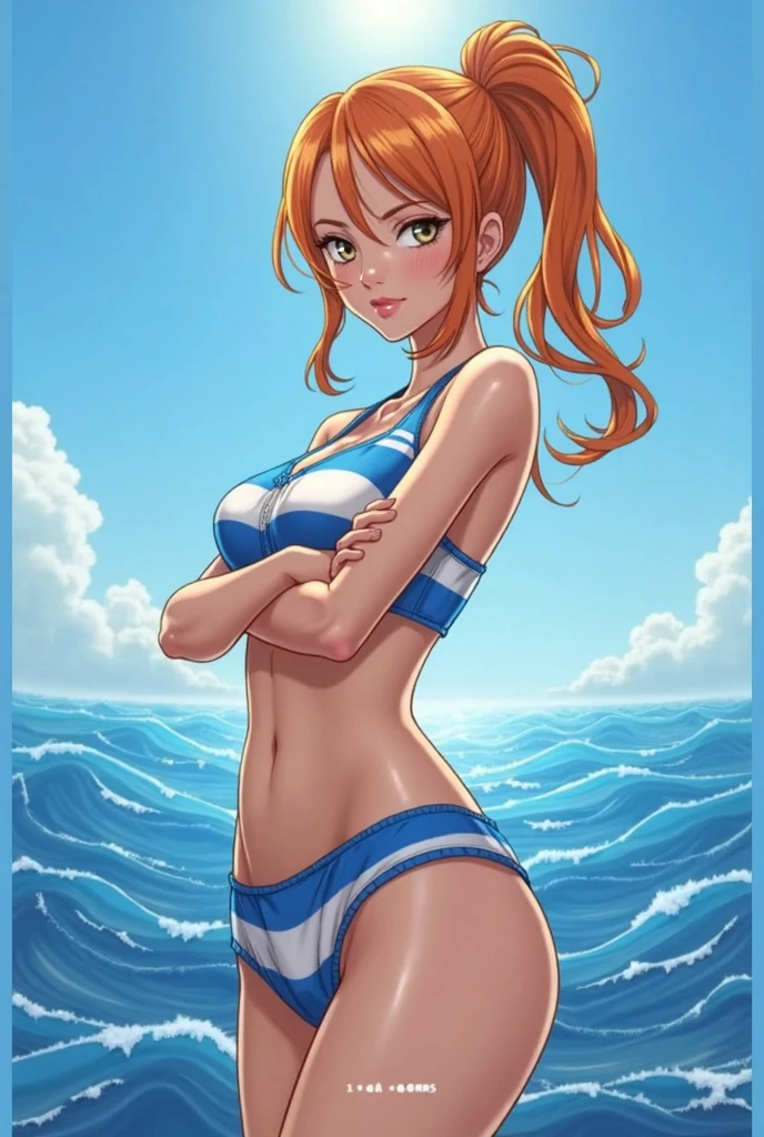 (best quality,highres,masterpiece),solo, realistic art,Hoshizora rin love live, orange hair, yellow eyes, side split bikini