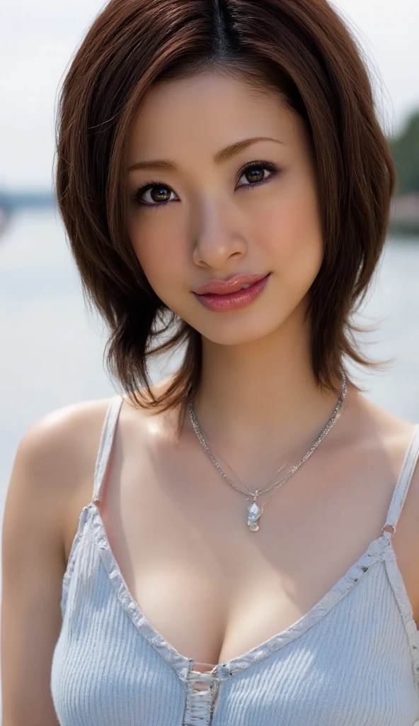 ((highest quality)), ((masterpiece)), (Familiar), Perfect Face, masterpiece、highest quality、High resolution、wallpaper、Realistic、Bright lighting、Professional Lighting、Face Light、Smooth lighting、Japanese women、20th Gen Midplate、so beautiful、Beautiful Skin、Beautiful and detailed、Familiar顔、slim、moderately、short hair、Brunette colored hair、Brown eyes、Looking at the camera、 commercial photography, Beautiful Instagram Influencer Girls, The best smile,Daytime、(Best Quality, Ultra High Resolution: 8k), 1 woman, soaking wet, semi-long brown hair, sheer shirt, large breasts, realistic wet effect, dim background