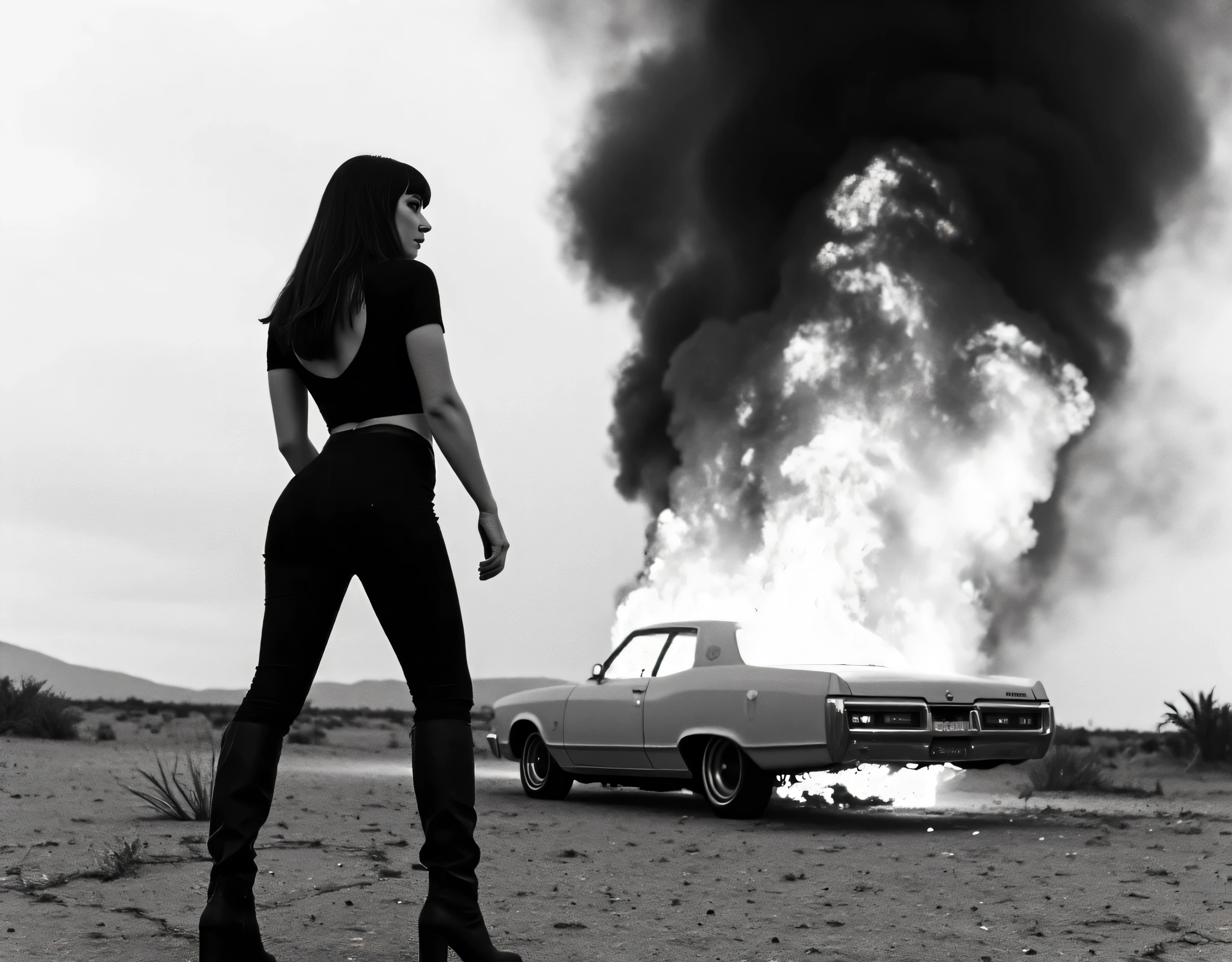 Cinematic black-and-white photography, low-angle shot of a striking woman standing in the foreground with her back to the viewer, exuding confidence and dominance. She is dressed in a tight-fitting black outfit—short-sleeved top with a plunging neckline, high-waisted pants, a belt cinching her waist, and sturdy mid-calf boots. Her long, dark hair cascades down her back, with sharp bangs framing her profile. The dramatic low-angle perspective emphasizes her powerful presence, making her appear larger than life against the vast sky and barren landscape. In the middle ground, a vintage Buick Riviera is engulfed in flames, its smoke billowing into the overcast sky, creating an atmosphere of destruction and rebellion. The fire casts an eerie glow on the surrounding desert terrain, illuminating scattered dry brush and cracked earth. The low-angle view accentuates the towering flames and the chaos of the scene, making the destruction feel even more dramatic and larger than life. The overall tone is gritty and noir-inspired, with high contrast between deep shadows and bright highlights. The photograph captures a moment of intensity and silent contemplation, as the woman gazes at the burning vehicle, embodying a mysterious, fearless energy reminiscent of classic action heroines. The texture of the harsh desert, the smoke swirling in the wind, and the model’s poised stance evoke a powerful, rebellious narrative frozen in time. The low-angle composition enhances the sense of power and defiance, creating an image that feels cinematic, raw, and full of tension