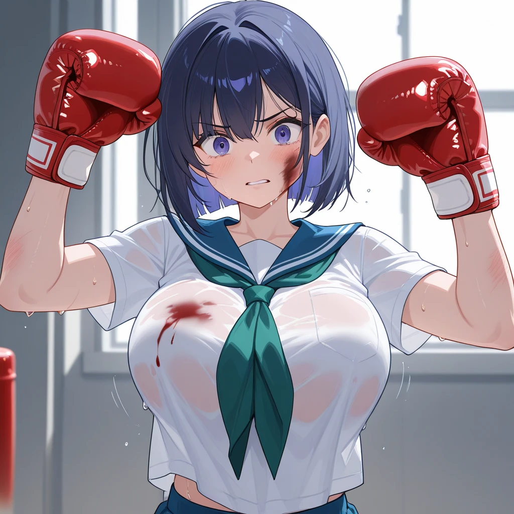 A maid doing kickboxing. She is wearing a maid uniform and Boxing gloves, taking part in the match.