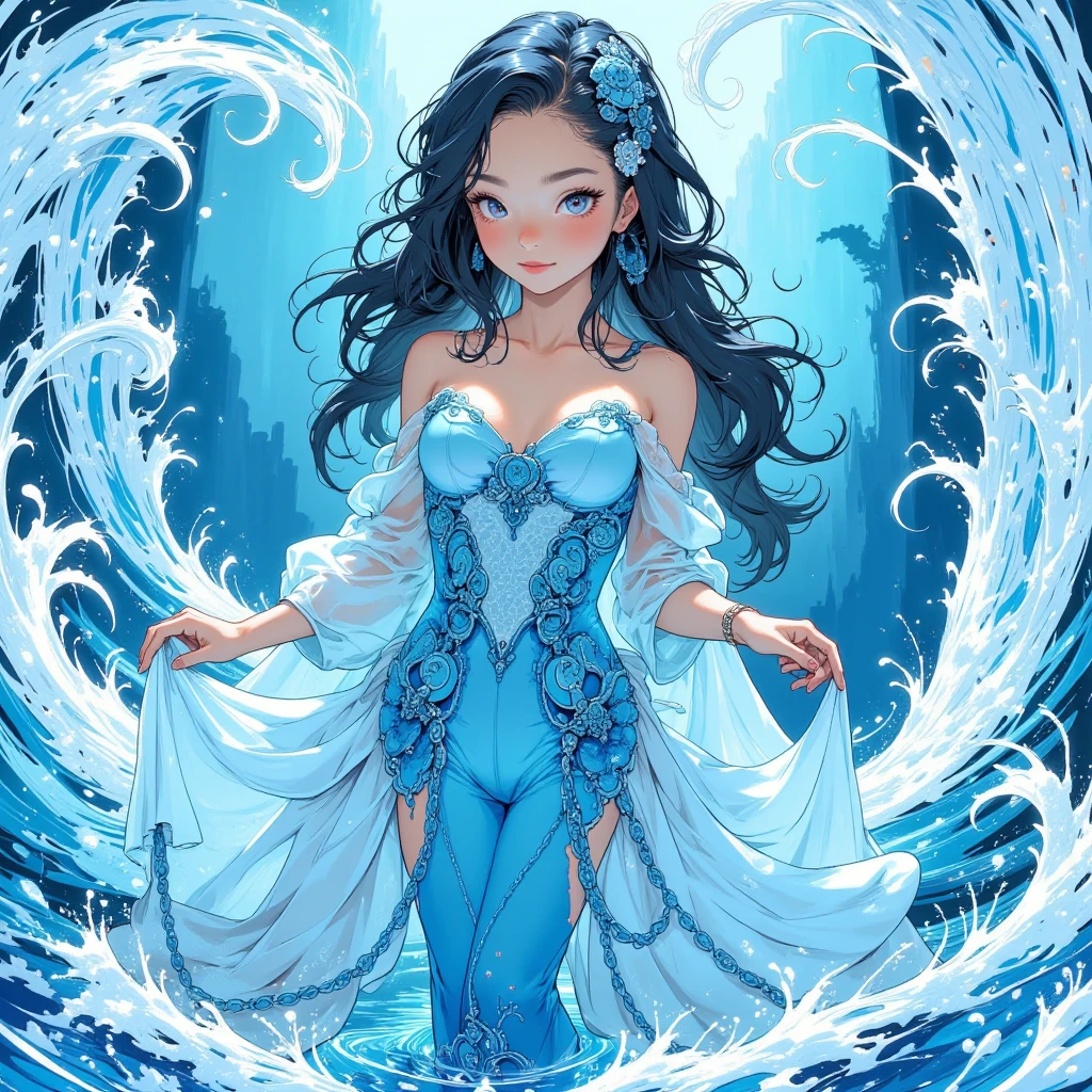 (masterpiece, high quality, best, formal art, beautiful and aesthetic, long exposure: 1.2), smooth movement, charming patterns, 1 girl, (without cleavage: 1.4), (long dress with sleeves: 1.3), long blue dress, (small breasts: 1.2), bare shoulders, adult Russian woman, freckles, black frontal hair full growth, solo, looking at the observer, detailed background, detailed face, (crystallineAI, crystal theme: 1.1), elemental water sprite, Rotating Water, Water Control, Diamond Clothing, Dynamic Posture, Floating Particles, Ethereal Dynamics, Water, Steam, Ocean in the Background, Blue Tint, Coast, Ethereal Atmosphere, Comics Style
