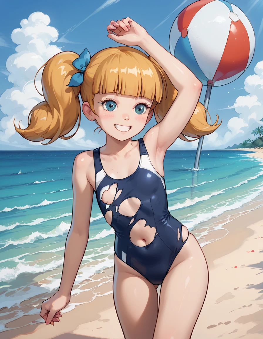 (masterpiece, best quality, perfect face:1.4) looking at viewer , walk along a corridor , full body, smile, blush, copano rickey \(umamusume\), (School swimsuit:1.2), cowboy shot, beach, tree, wave, wind
