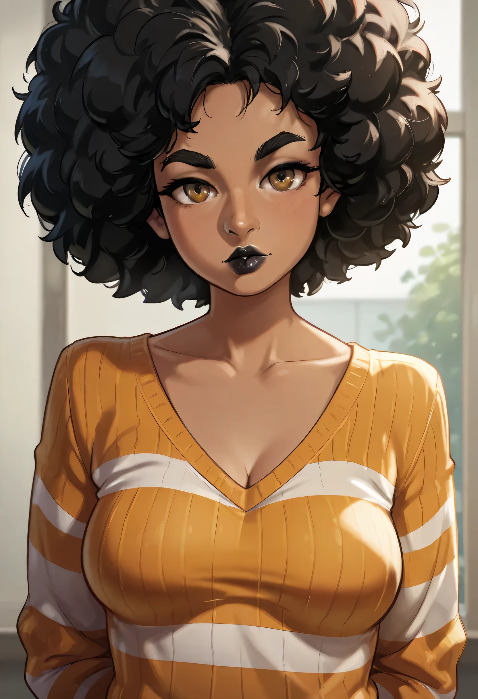 score_9, score_8_up, score_7_up, score_6_up, BREAK Garnet, source_anime,seductive smirk, wearing jeans and sweater, NSFW, big breasts, hands holding own hips, wide hips, black afro, big ass, sweating, blushing, in a living room, front shot