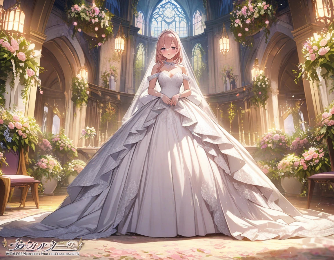 (masterpiece, best quality:1.2),1girl, (solo), cute, kawaii,digital art,((1 princess wearing beautiful embroidery and jeweled gorgeous princess ballgown wedding dress with voluminous full length hoop skirt)),crinoline,((gorgeous embroidery and beautiful lace)),(very gigantic boobs,cleavage,skindentation),((shiny hair,Bangs between eyes,voluminous straight hair,extremely Long straight Hair)),(finely detailed face and eye),smile,extremely gorgeousfull jeweled tiara,((bling-bling gorgeous gemstone jewelry)),long wedding veil,((standing in beautiful garden)),flowers,flower petals flowing,((beautiful embroidery and jeweled gorgeous princess ballgown wedding dress with voluminous full length hoop skirt))