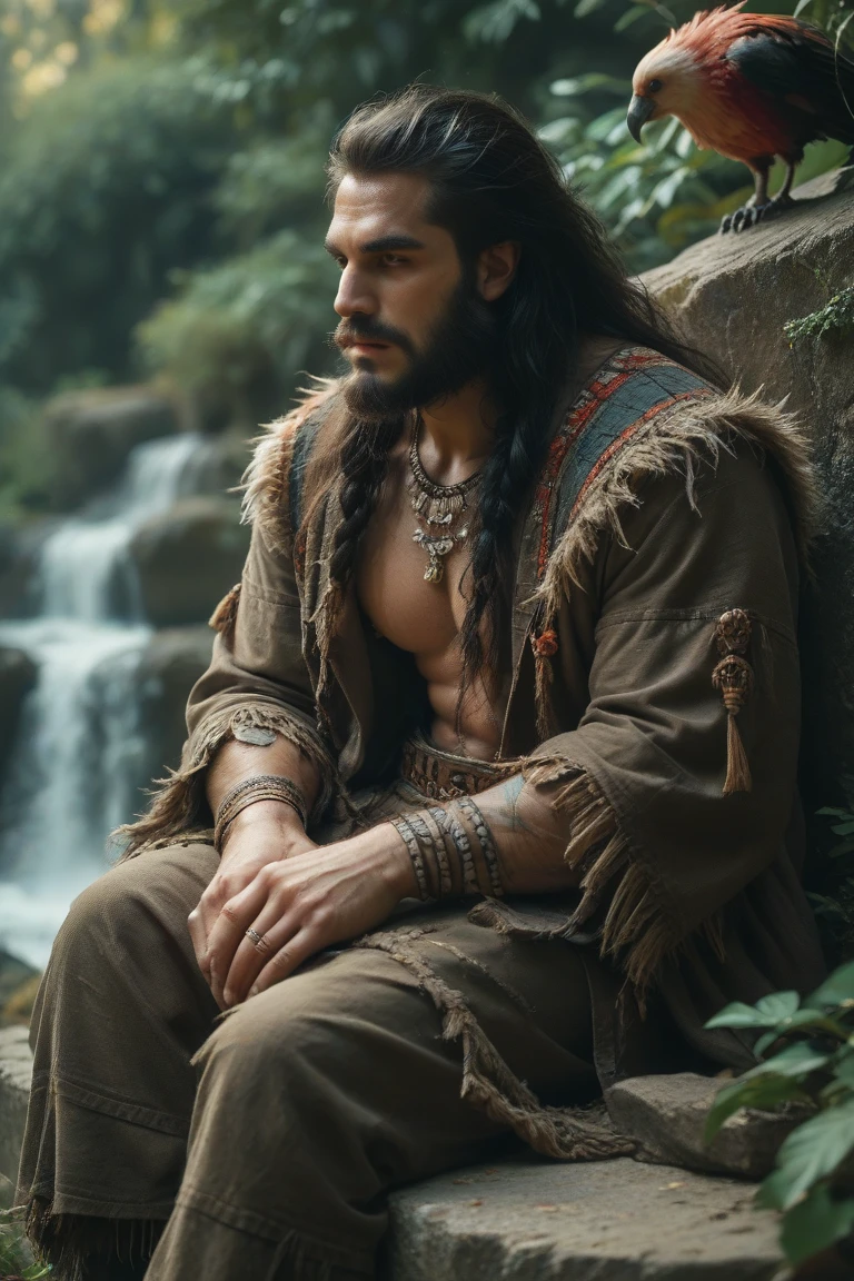 A Greek divine figure with muscular physique and , piel dorada y tez perfecta, rasgos faciales llamativos y cincelados, intensos y penetrantes ojos azules almendrados, labios carnosos y sensuales, cabello largo y suelto cayendo en cascada por su espalda, una postura segura y poderosa, standing tall and proud in the middle of a serene and ethereal landscape, with a backdrop of majestic mountains, exuberantes prados verdes, and a river that flows crystal clear, bathed in warm, golden sunlight, with soft rays shining through the trees, creating a magical and divine aura, enfatizando la naturaleza divina del dios, su cuerpo iluminado por el suave resplandor, showing off every sculpted muscle and tendon, accentuating his divine physique, a feeling of strength, Poder, and the grace that emanates from him, con un aire de misterio y encanto, capturing its mythical essence and divine presence, como una obra maestra pintada por un maestro artista, with amazing attention to detail, colores ricos y vibrantes, con un toque de surrealismo, Mix of reality and fantasy, mostrando la belleza y la gracia sobrenaturales del dios, Una obra de arte atemporal y cautivadora que deja al espectador hipnotizado.. (La mejor calidad,Ultra detallado,fotorrealista:1.37), HDR, vivid colors, Soft, dreamy lighting, creating a celestial atmosphere.