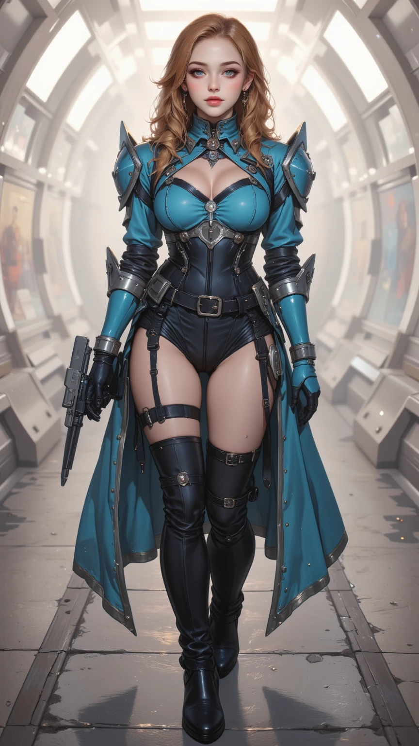 Create a beautiful woman, with face of Melina Juergens, Waist slender, dressed in steampunk fox-like uniform, hood on your head, long adamantium boots with blades on the feet, yellow eyes, Bblack hair, pale skin, Marvel superhero style, appearing full body in the image, 8K, best qualityer.