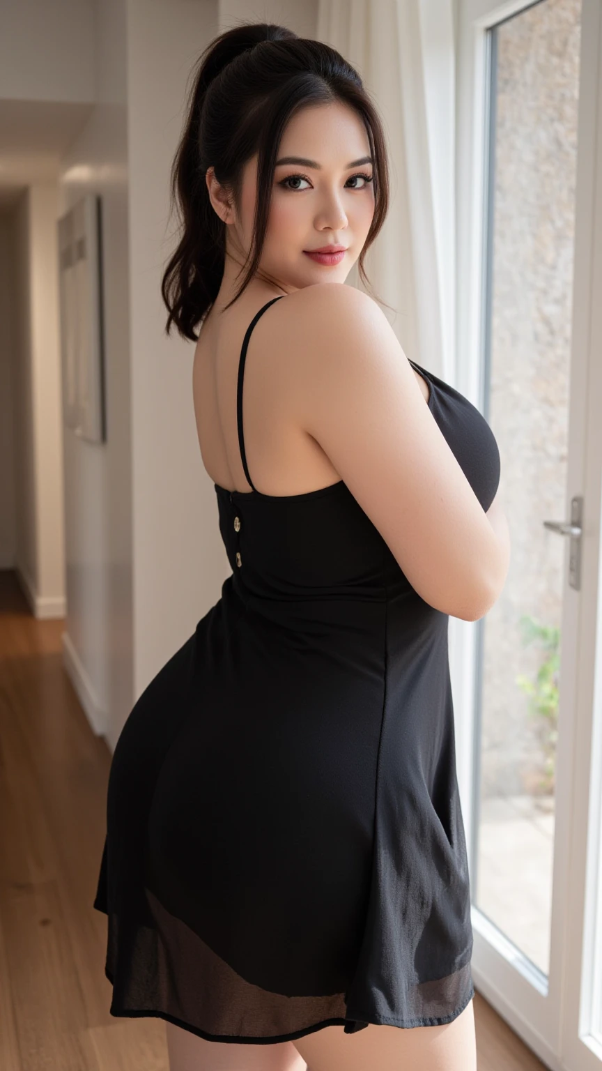(8K, best quality, masterpiece, Golden Ratio Composition,:1.3), (40-year-old plump Japanese woman), (90 kg obese body),  (Legs close-up), (Thick thighs),  (Snow-white long legs), (Wearing cheongsam:1.2), (Huge breasts), (Big thick legs),  (Black hip skirt), Soft face line, Gentle and beautiful, (Silver short hair),