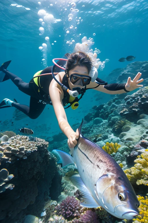 Beautiful woman snorkeling in the sea、Catching fish with a harpoon , highest quality, very detailed, sea background、Photo of aiming for flounder with a harpoon