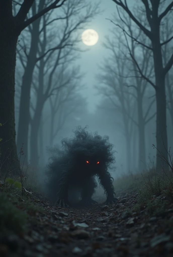 Monster coming out from forest, Scary dark night, Long and Large trees, Blood, Mountain in background, 8k picture
