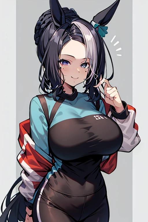 Best quality, masterpiece, Girl in a red sweater,Black jacket, black skirt, black tights, short haircut, White hair, green eyes, big breasts, big hips