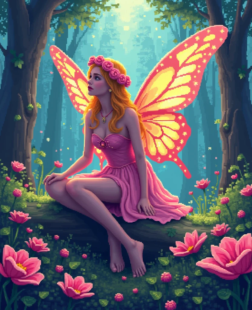 a picture of a jungle fairy, an extraordinary beautiful, elegant beauty, divine beautiful fairy, spread butterfly wings, colorful wings, pink eyes, glowing eyes, blond hair, rich hair, wavy hair, glamour dress, wild dress, dress decorated with jungle flowers,  sitting on massive heliconia tree the rain forest, sun rays coming through the trees, Hyperrealism style, vibrant, Ultra-high resolution, High Contrast, (masterpiece:1.5), highest quality, Best aesthetics), best details, best quality, highres, ultra wide angle, 16k, [ultra detailed], masterpiece, best quality, (extremely detailed) RAW, Cinematic Hollywood Film style, FairyTaleAI, fairy wings,