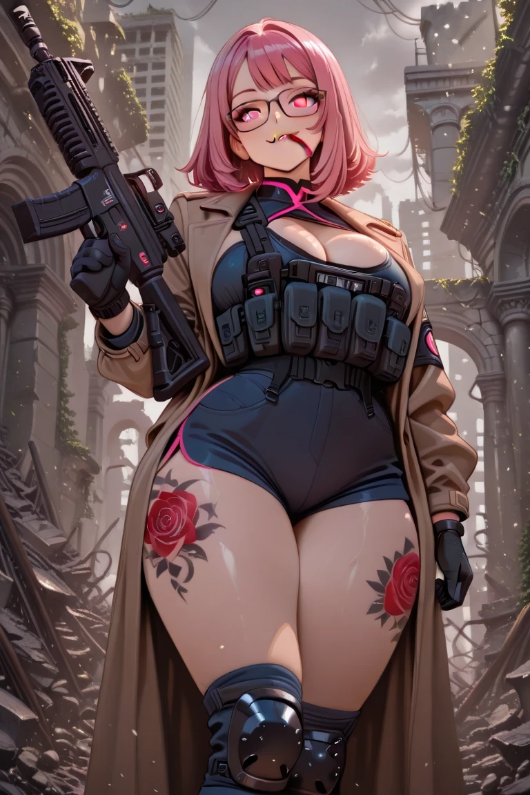 Anime Milf,massive breasts,massive ass,wide hips,wears tight coat,short black skirt,pink lips,katana,guns