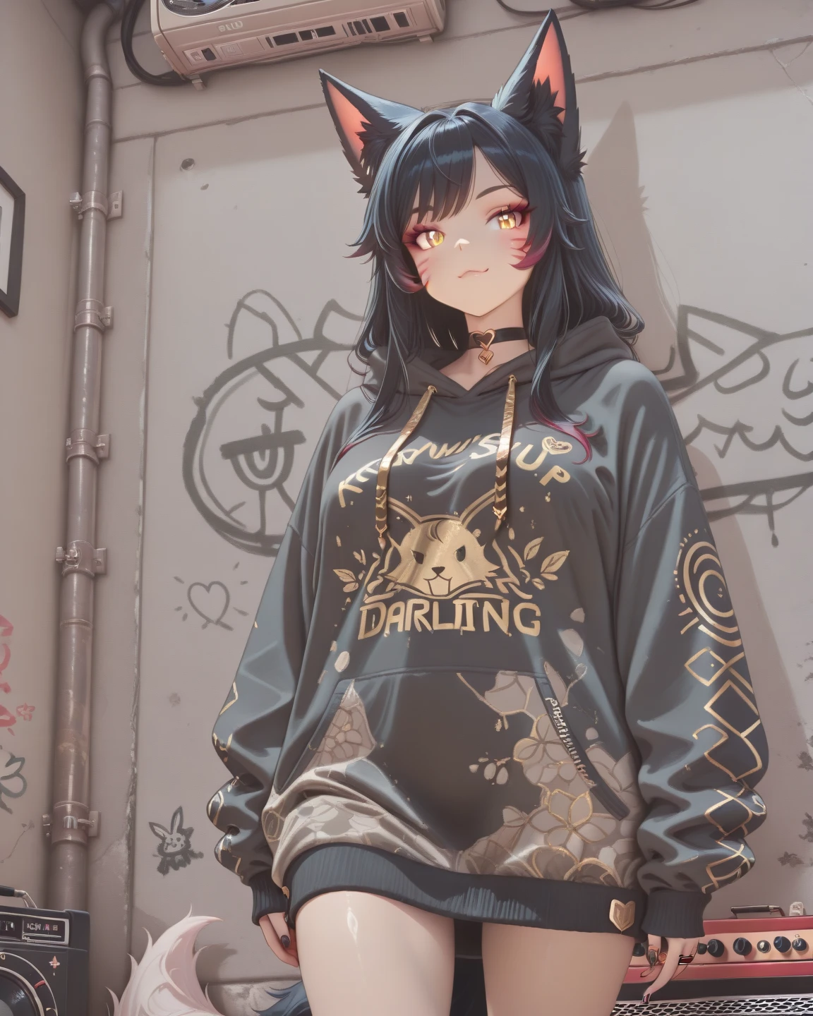 Garota anime , Ushanka Da cruz negra, camisa da hello kitty preto, cabelo preto grunge Wolfcute, olhos Chibi macios preto , fone de ouvido, Black arm warmers 
