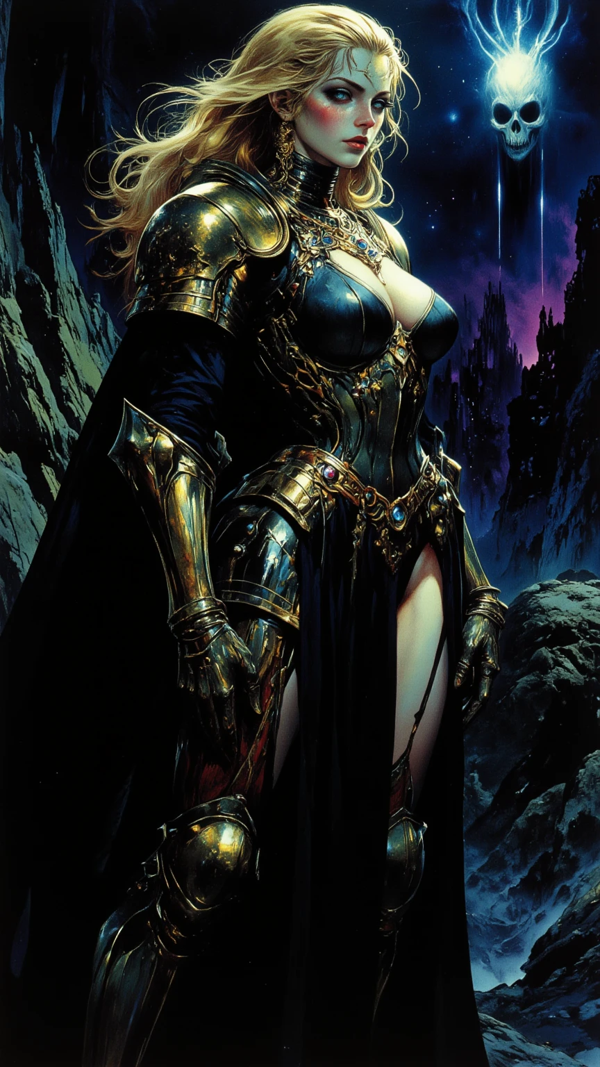best quality, extremely beautiful, long wavy dark hair, (Woman: 1.1), (norse queen:1.1), valkyrie, blonde hair, (Shiny skin : 1.5), black and gold armoured dress, deep neckline, curvy hips, Wka, sitting with legs spread wide open